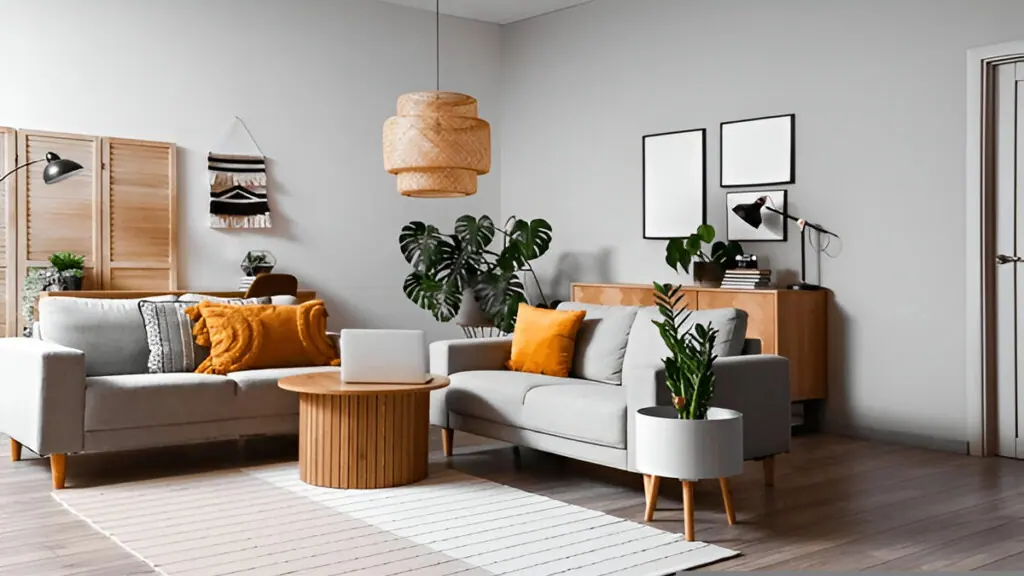 Furnished Dubai living room with sofas, a sideboard and lighting ready to be bought as one lot